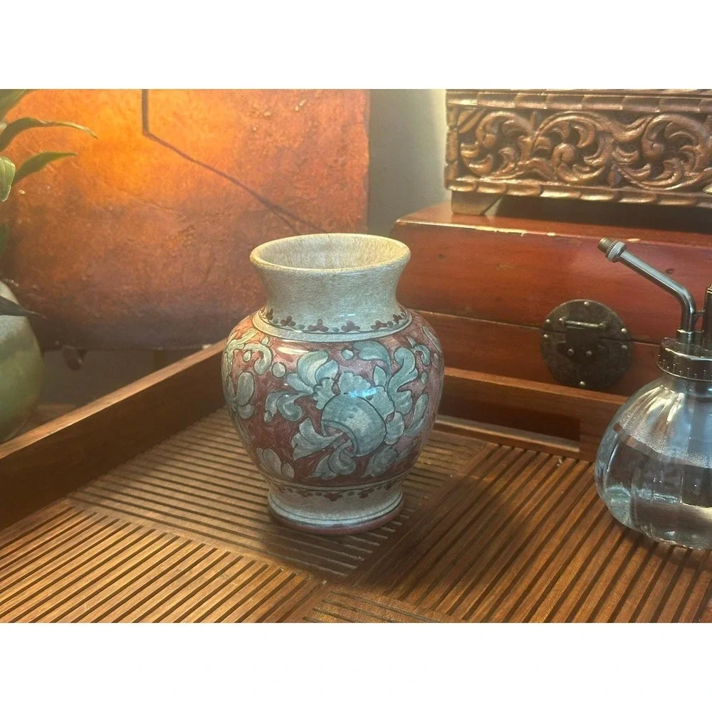 Biagioli Gubbio Italy Art Pottery Vase Hand Painted Floral Red Green Vintage 5